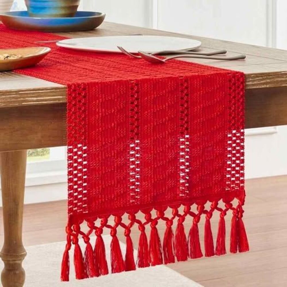 Red knit table runner with tassels boho macrame style Decoration Holiday
